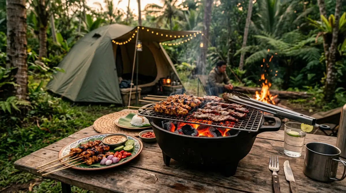 Alat panggang BBQ lengkap di lokasi kemah glamping keluarga