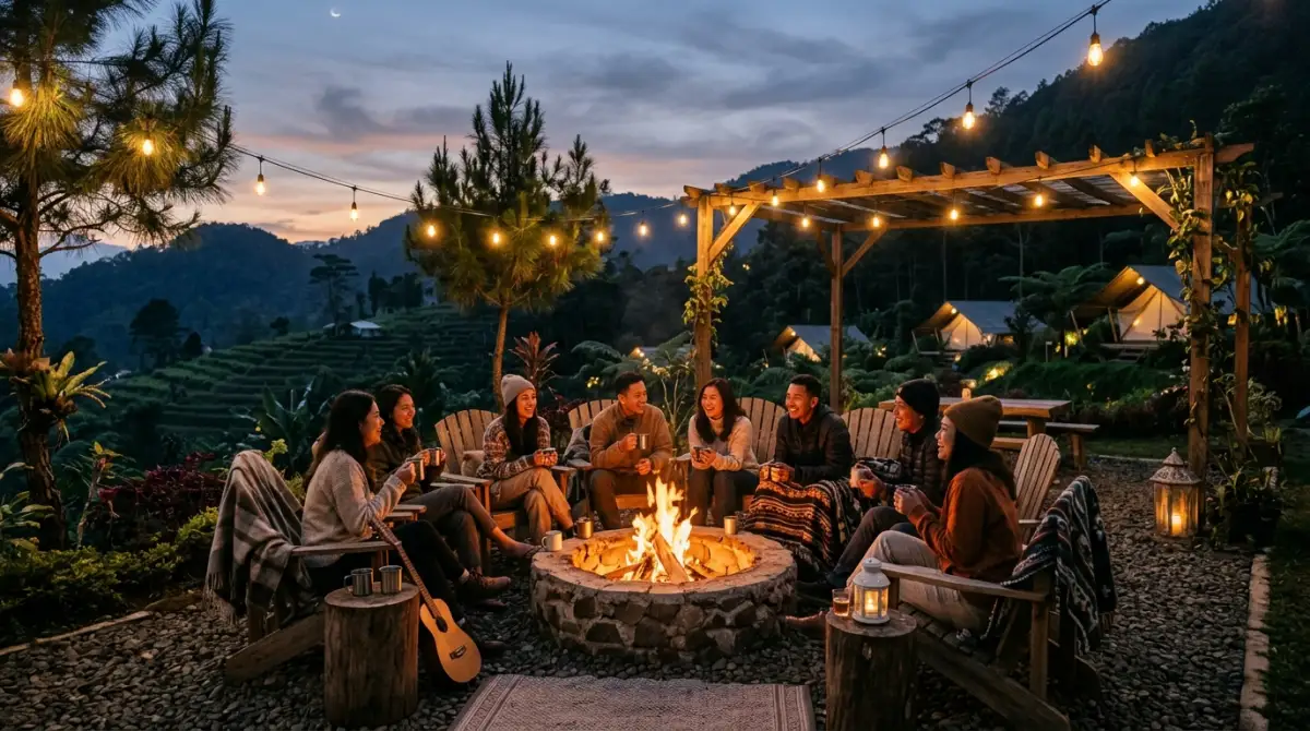 Area api unggun malam di perkemahan dataran tinggi Malang Batu