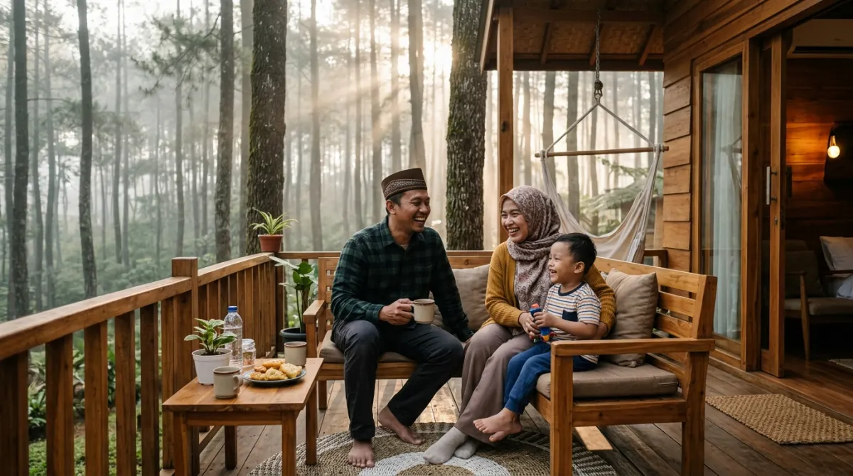 Keluarga tertawa bahagia saat glamping