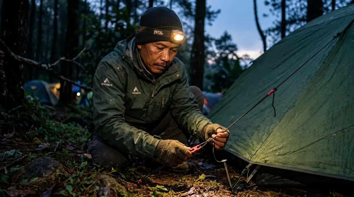 Memakai headlamp saat memasang tenda di malam hari