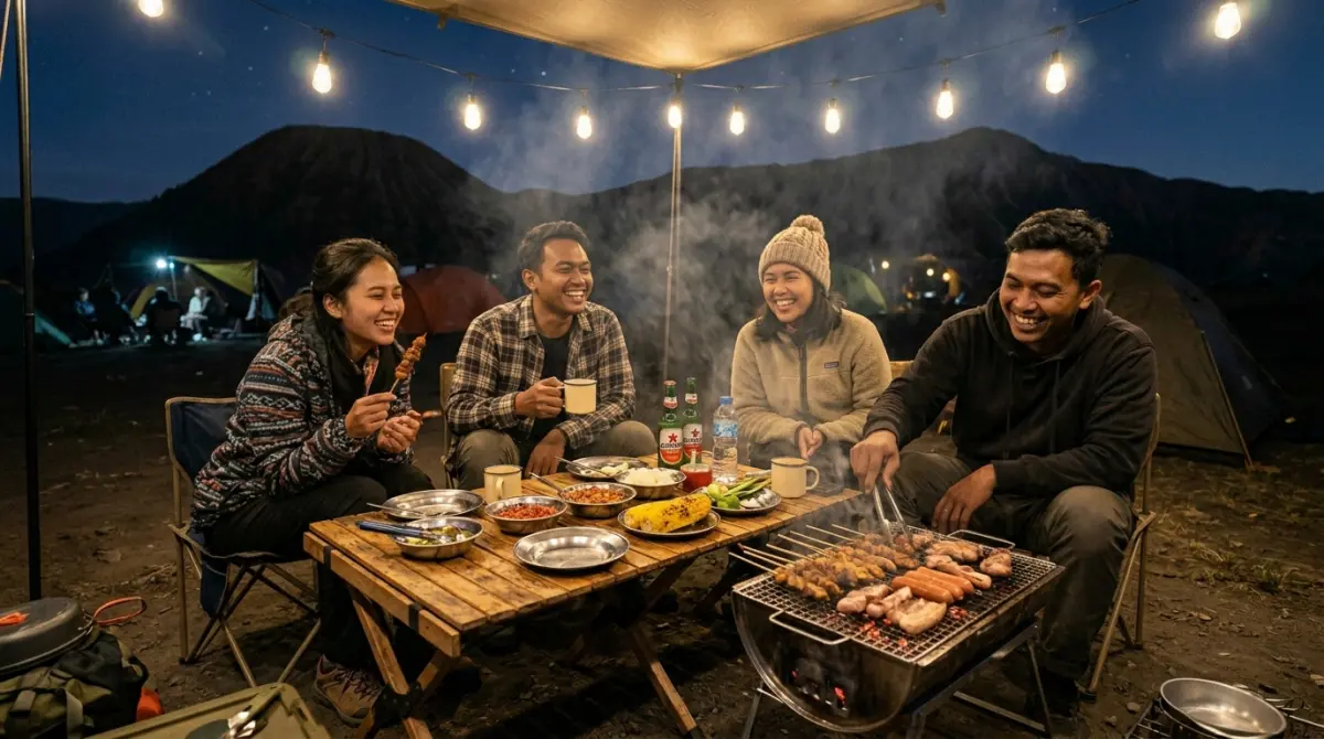 Sesi BBQ saat camping estetik