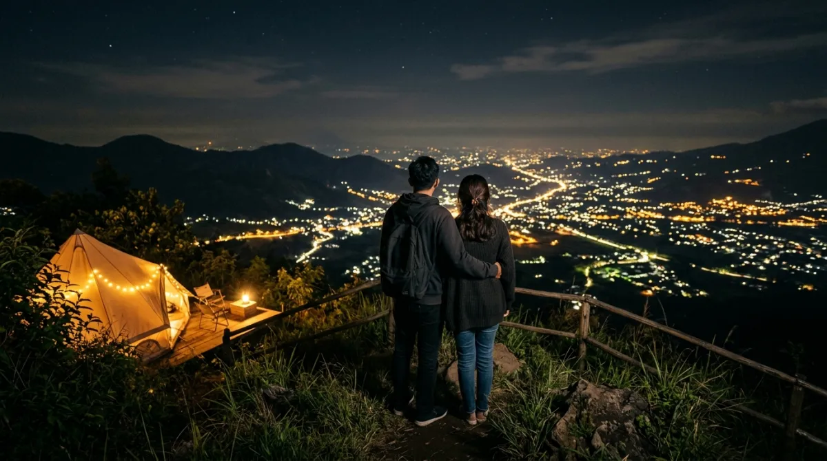 Pasangan menikmati momen romantis di tebing Batu