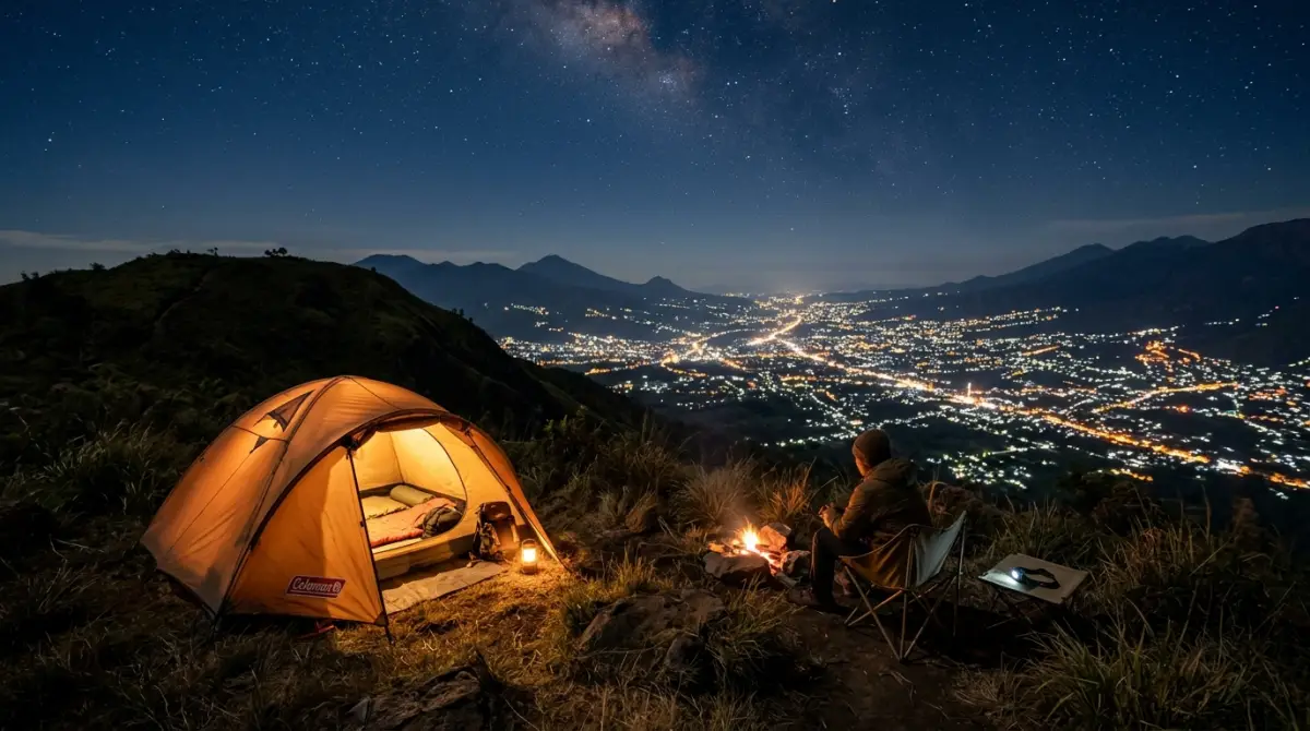 Pemandangan city light dari area perkemahan di Batu