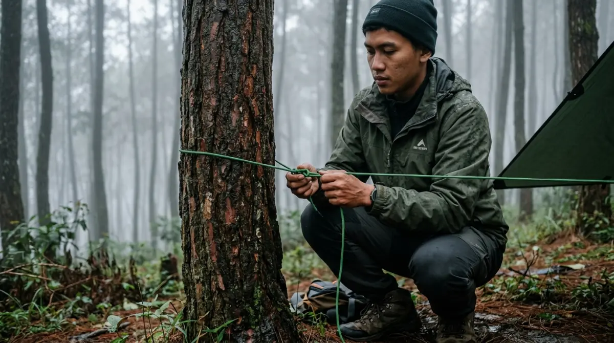 Pemuda mengikat tali saat membuat bivak
