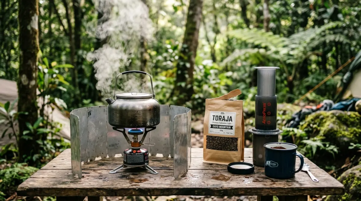 Peralatan seduh kopi manual di alam bebas