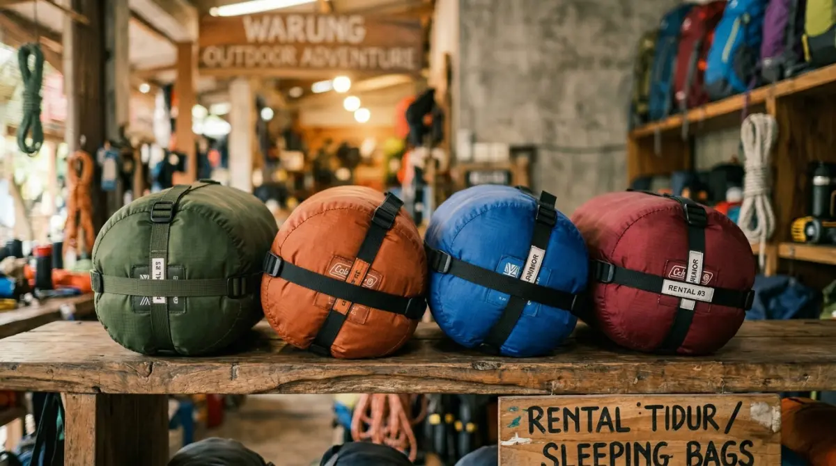 Tumpukan sleeping bag siap disewakan