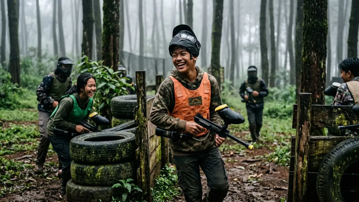 Anak remaja bermain paintball dengan pelindung lengkap di arena Batu Malang