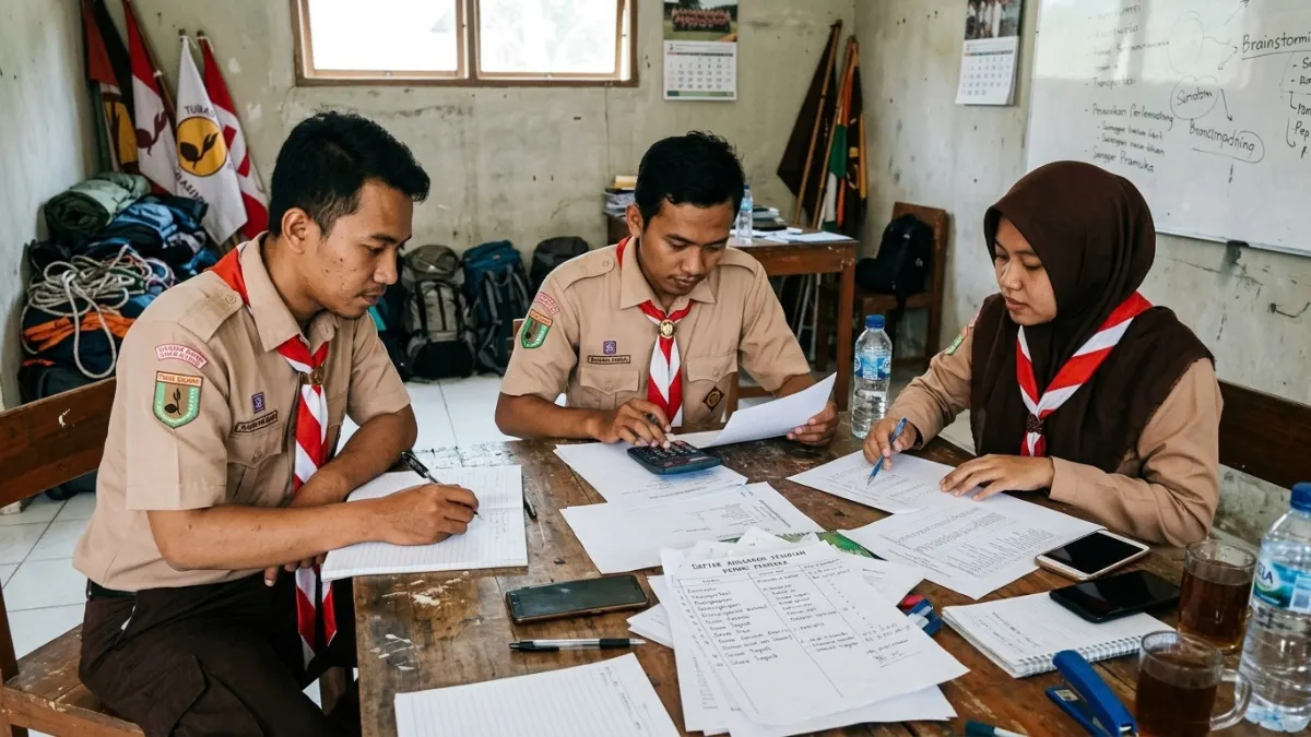 Panitia pramuka menyusun anggaran dan biaya kemah di meja perencanaan