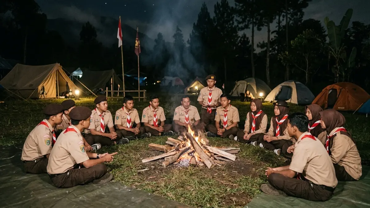 Peserta pramuka berkumpul mengelilingi api unggun pada malam hari di area kemah Lembah Tumpang