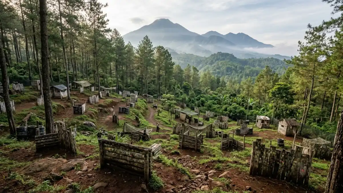 Ilustrasi arena paintball di kawasan Trawas yang asri dan menantang