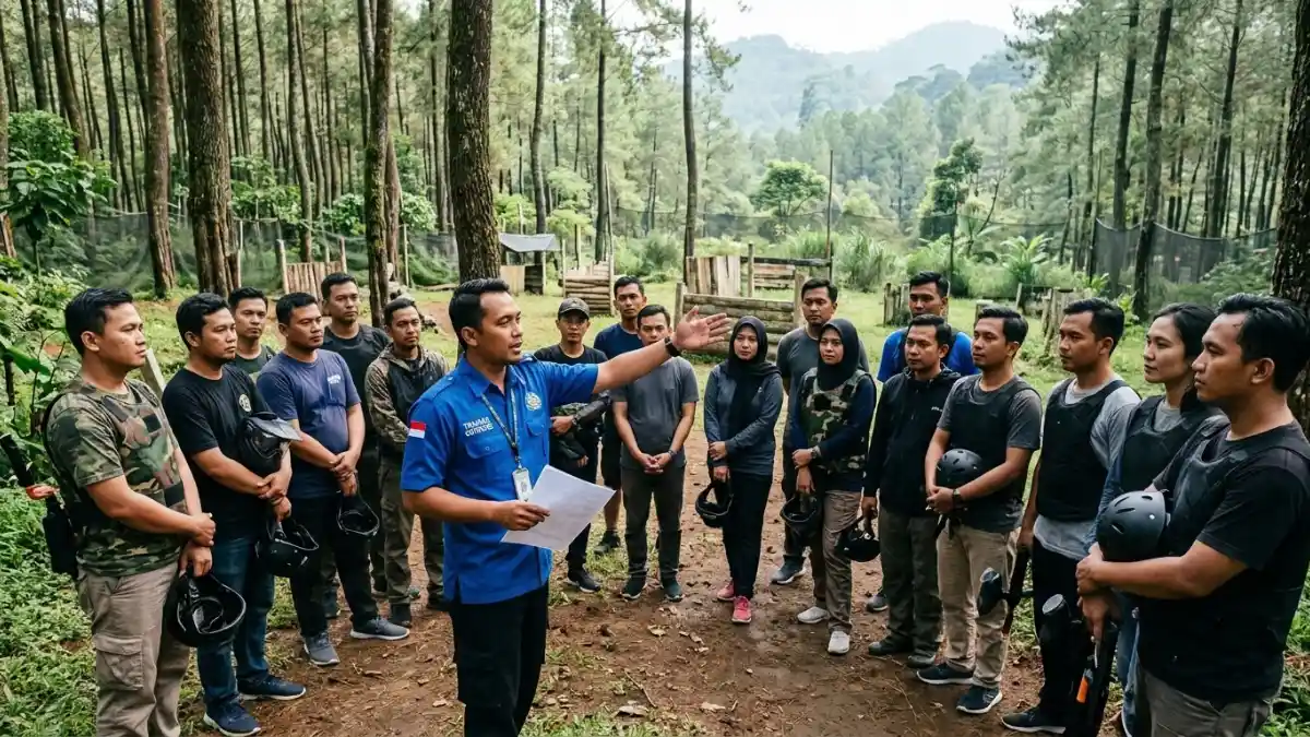 Ilustrasi briefing keselamatan peserta outbound paintball di Trawas