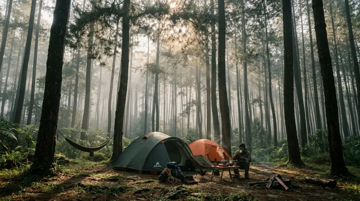 Area camping di hutan pinus Jawa Timur dengan tenda-tenda tertata rapi