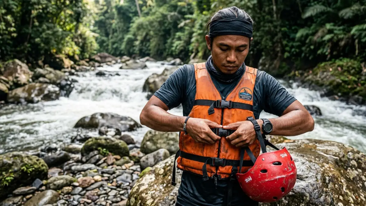 Cek alat keselamatan rafting