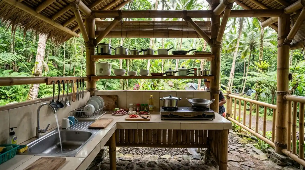 Dapur komunal camping ground yang bersih dan terorganisir