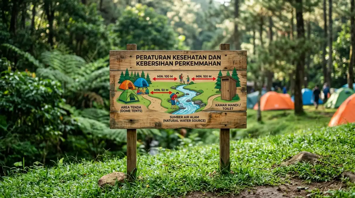 Diagram jarak ideal antara toilet, sumber air, dan area tenda