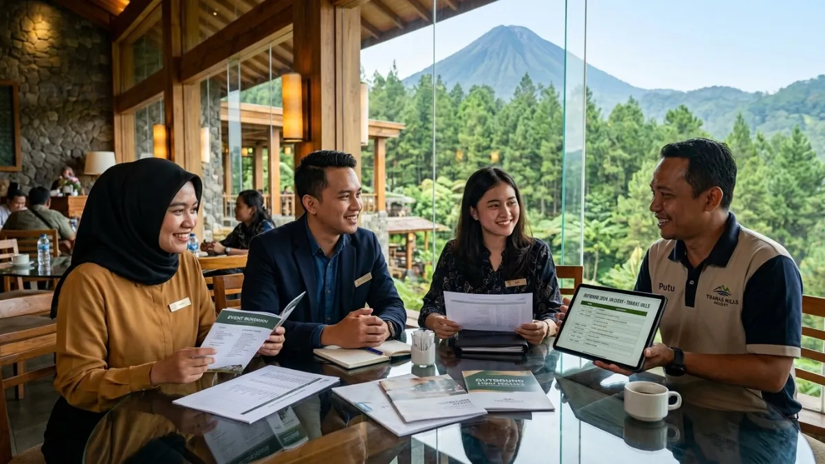 Panitia acara berdiskusi dengan staf resort membahas rundown dan paket outbound di lobi dengan pemandangan pegunungan
