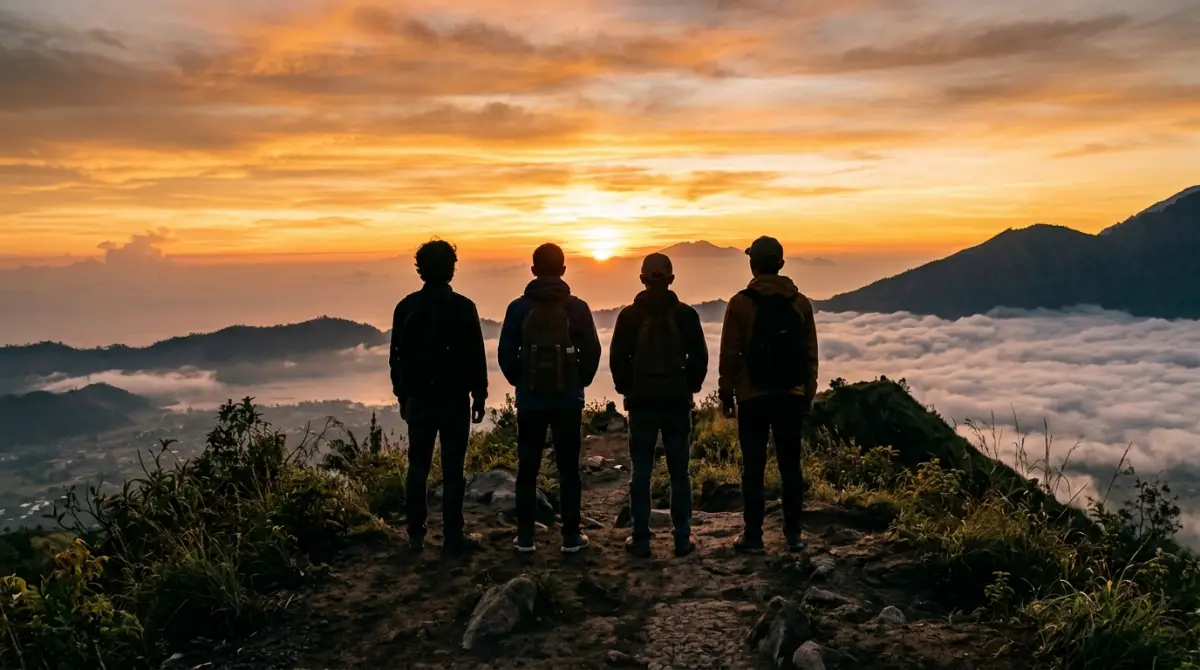 Empat sahabat menikmati matahari terbit bersama saat camping