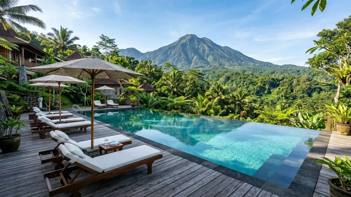 Area kolam renang di resort Grand Whiz Trawas dengan kursi berjemur dan pemandangan pegunungan hijau di latar belakang