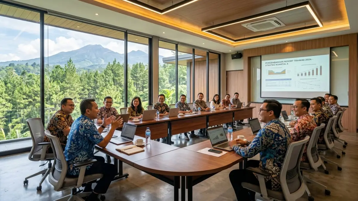Ruang meeting di resort Grand Whiz Trawas yang dilengkapi fasilitas presentasi untuk sesi indoor outbound