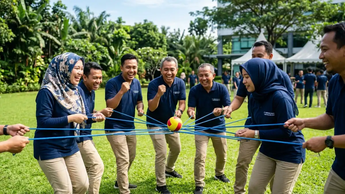 Peserta outbound bermain games team building di alam terbuka