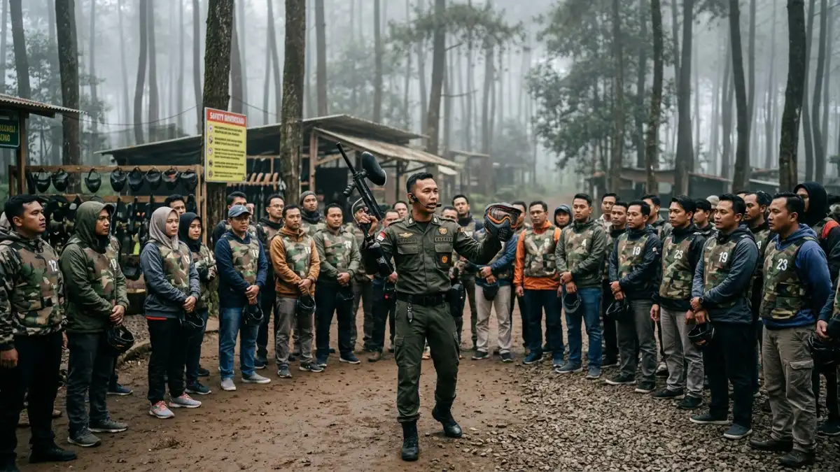 Instruktur paintball memberikan briefing di arena Batu Malang
