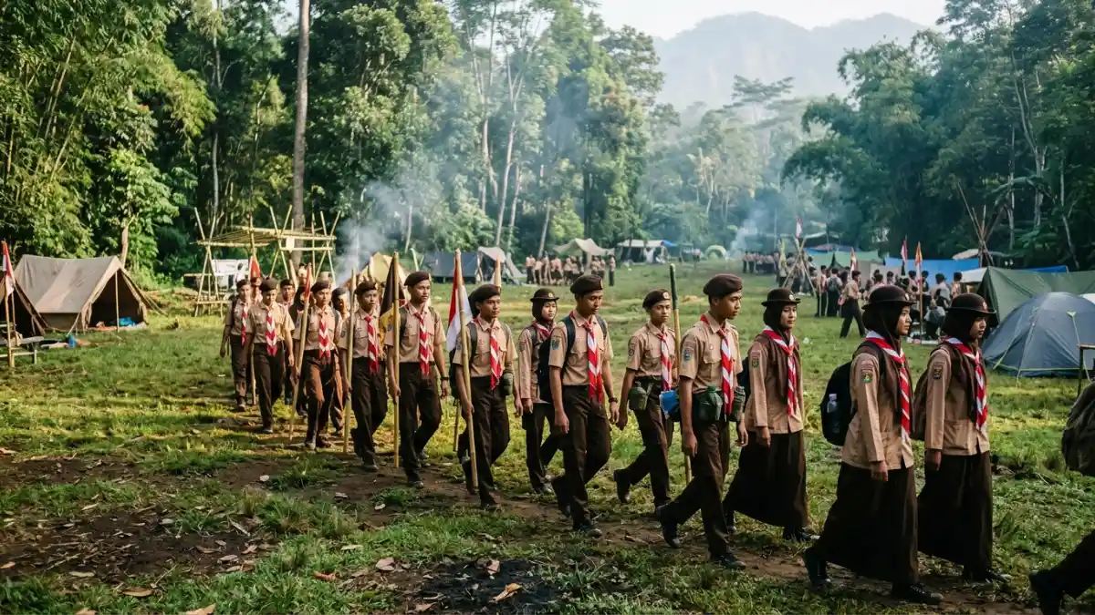 Peserta kemah pramuka berkumpul di camping ground Lembah Tumpang Malang