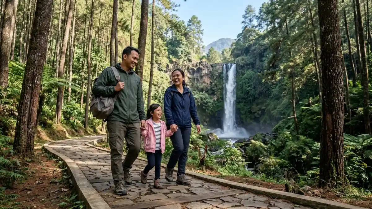 Keluarga berjalan pagi menuju air terjun Coban Rondo