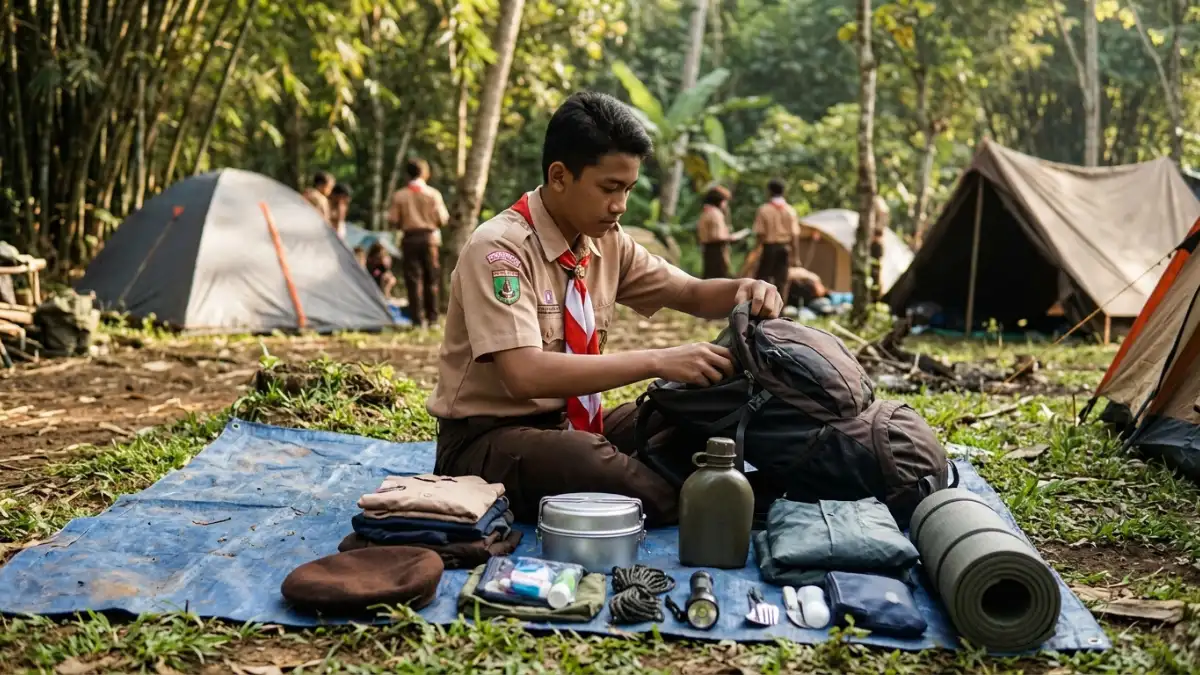 Peserta pramuka mengemas ransel dengan rapi sebelum kemah di Lembah Tumpang