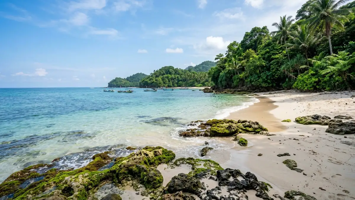 Pantai Kondang Merak dengan pasir putih dan batu karang