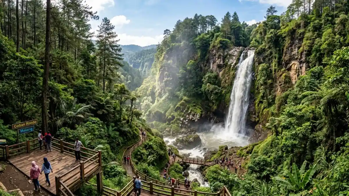 Pemandangan air terjun Coban Rondo yang megah di Pujon Malang
