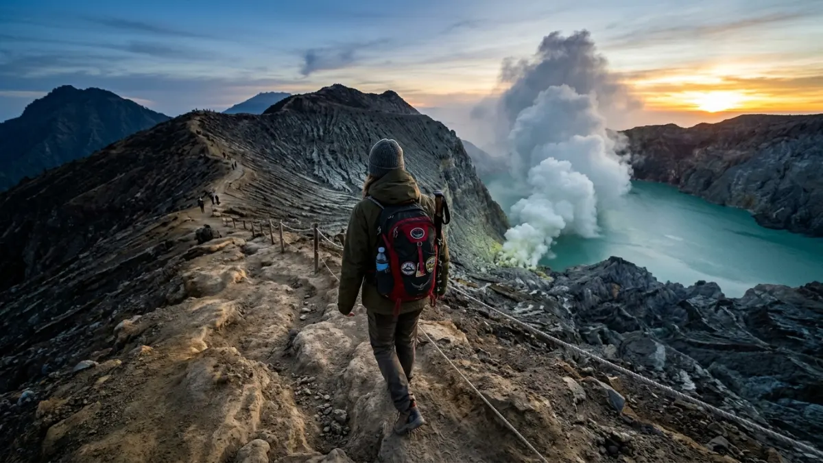 Pendaki di jalur menuju Kawah Ijen Banyuwangi dengan latar kawah belerang