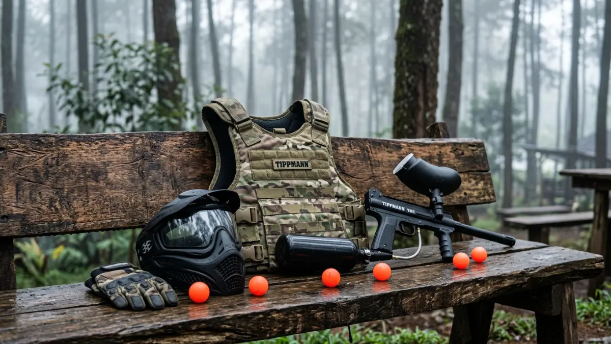 Peralatan pelindung standar paintball di arena hutan pinus Batu