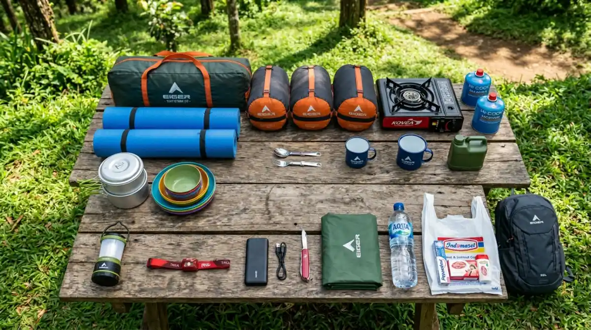 Peralatan lengkap camping keluarga yang tersusun rapi