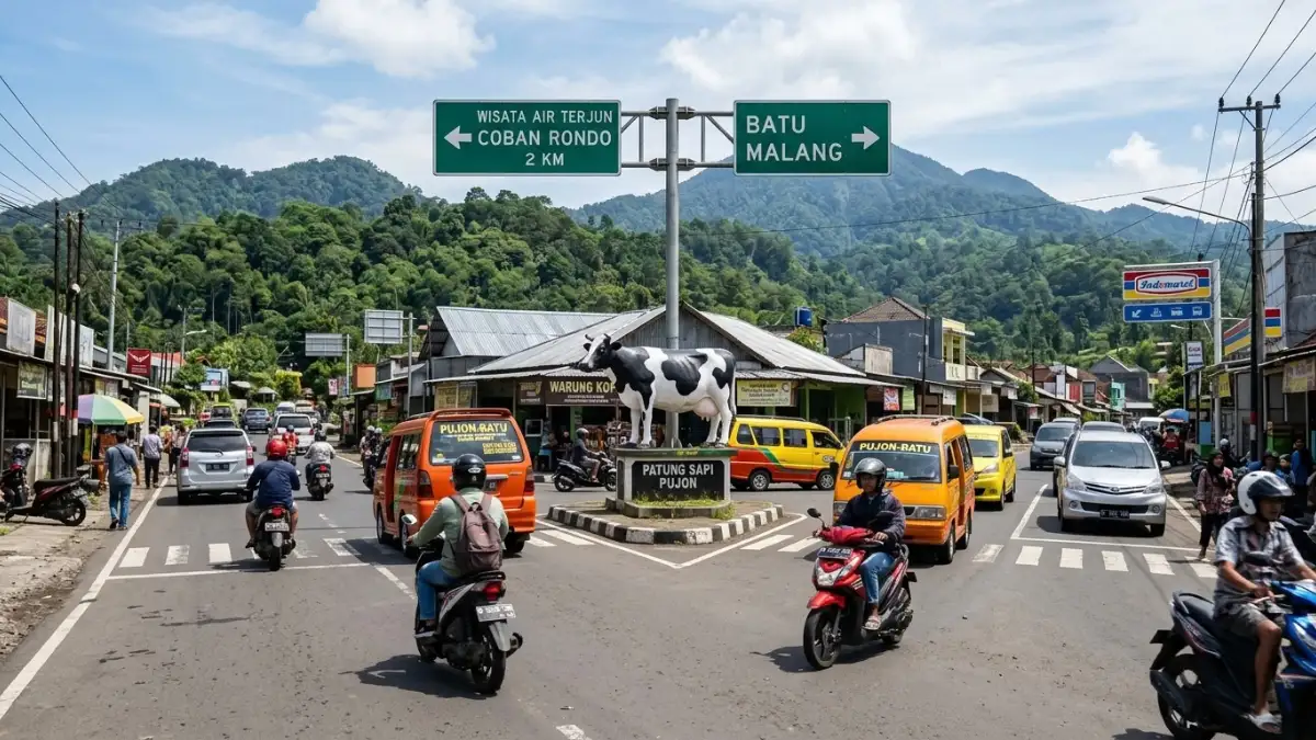 Pertigaan patung sapi Pujon sebagai titik acuan menuju rute Coban Rondo