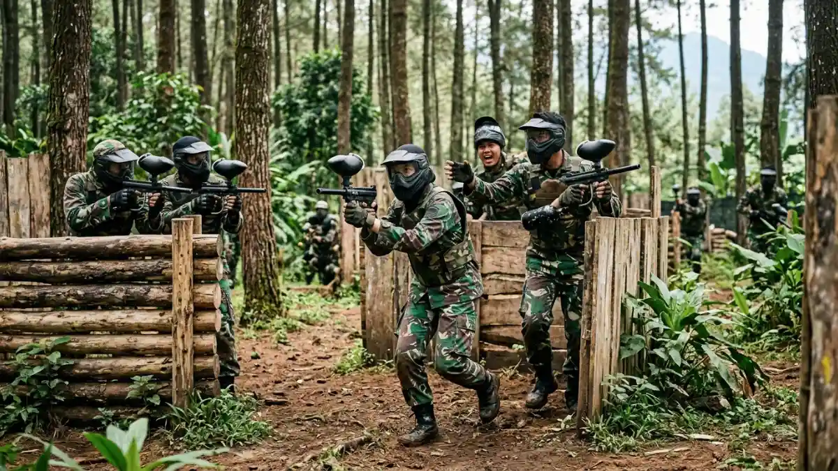 Peserta gathering perusahaan berpartisipasi dalam aktivitas outbound dan paintball