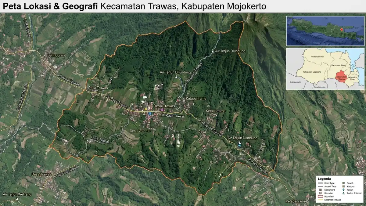 Peta lokasi Trawas di Mojokerto, Jawa Timur, dengan akses jalan menuju kawasan pegunungan
