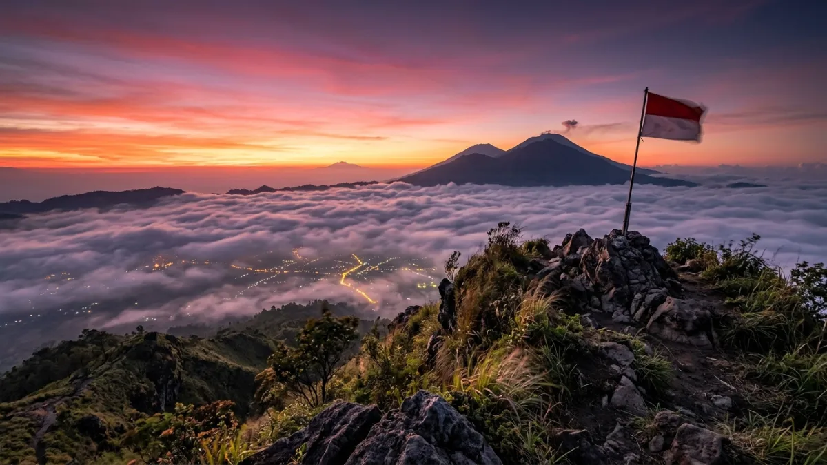Pemandangan puncak Gunung Panderman Batu dengan latar Gunung Arjuno