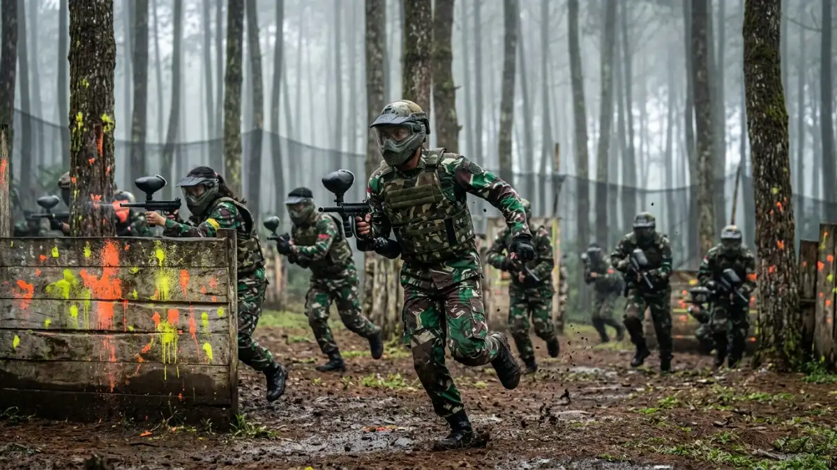 Rombongan bermain paintball di hutan pinus kawasan Batu