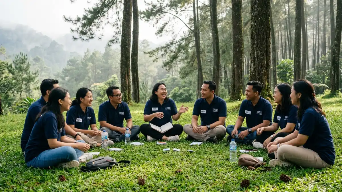 Sesi refleksi dan diskusi kelompok setelah kegiatan outbound di kawasan Trawas