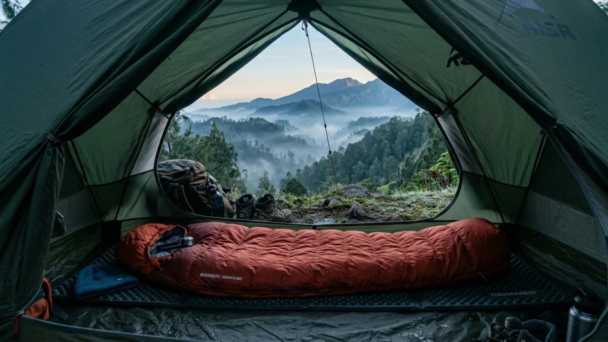 Sleeping bag dan tenda camping di gunung Jawa Timur