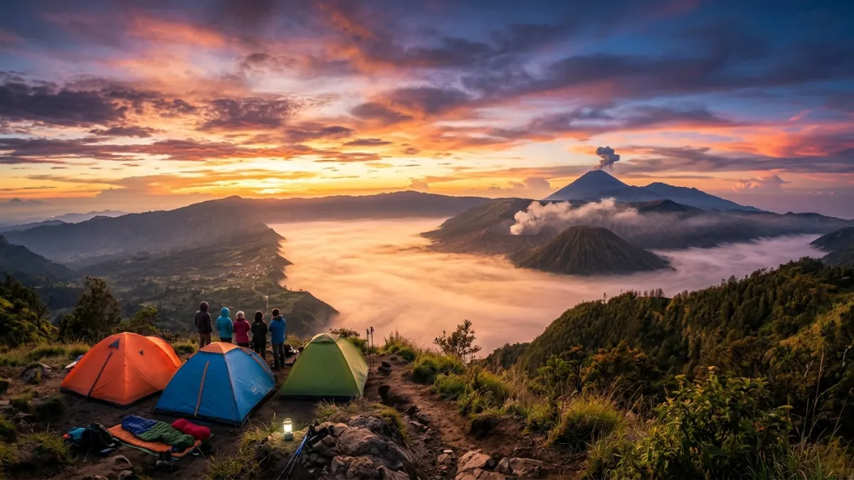 Sunrise camping di kawasan Bromo dengan latar Gunung Semeru