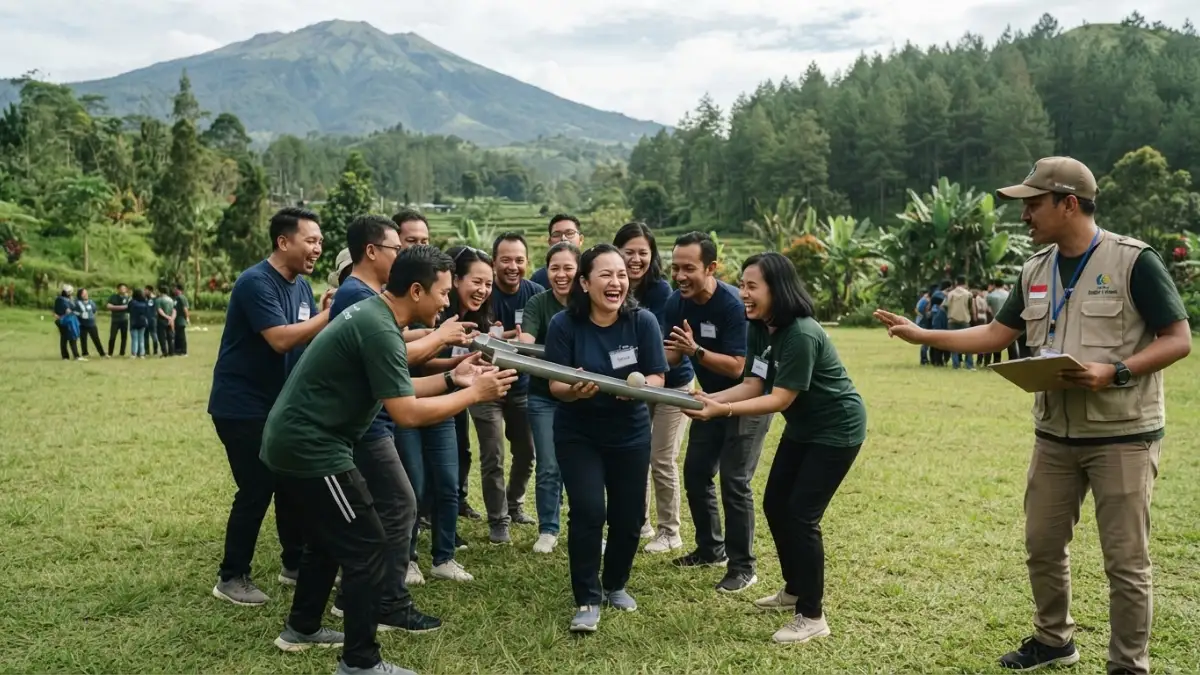 Kegiatan team building di alam terbuka Batu yang mempererat kerja sama peserta