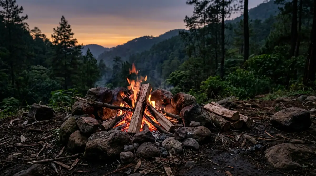 Tempat api unggun dengan ring batu yang aman