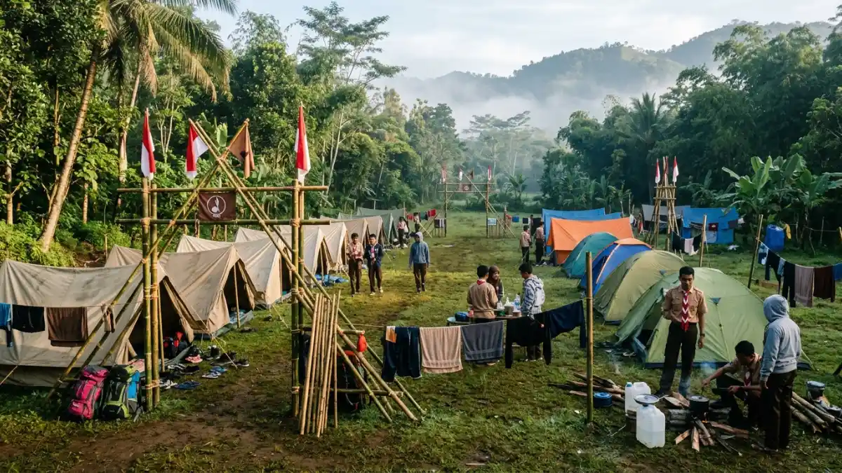 Tenda regu pramuka berdiri rapi di area camping ground Lembah Tumpang