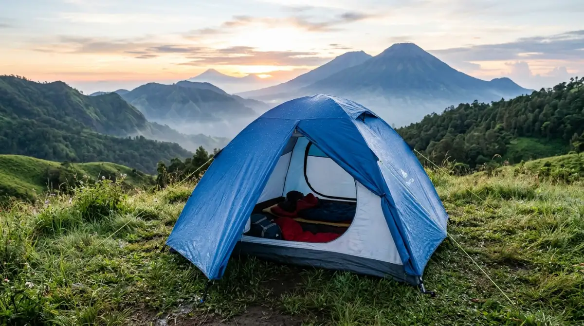 Tenda buat camping dengan vestibule luas menghadap sunrise