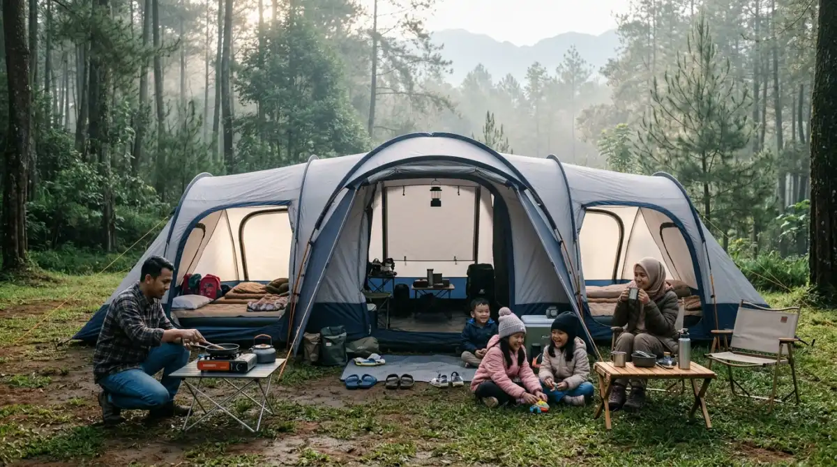 Tenda tunnel keluarga dengan ruang interior luas