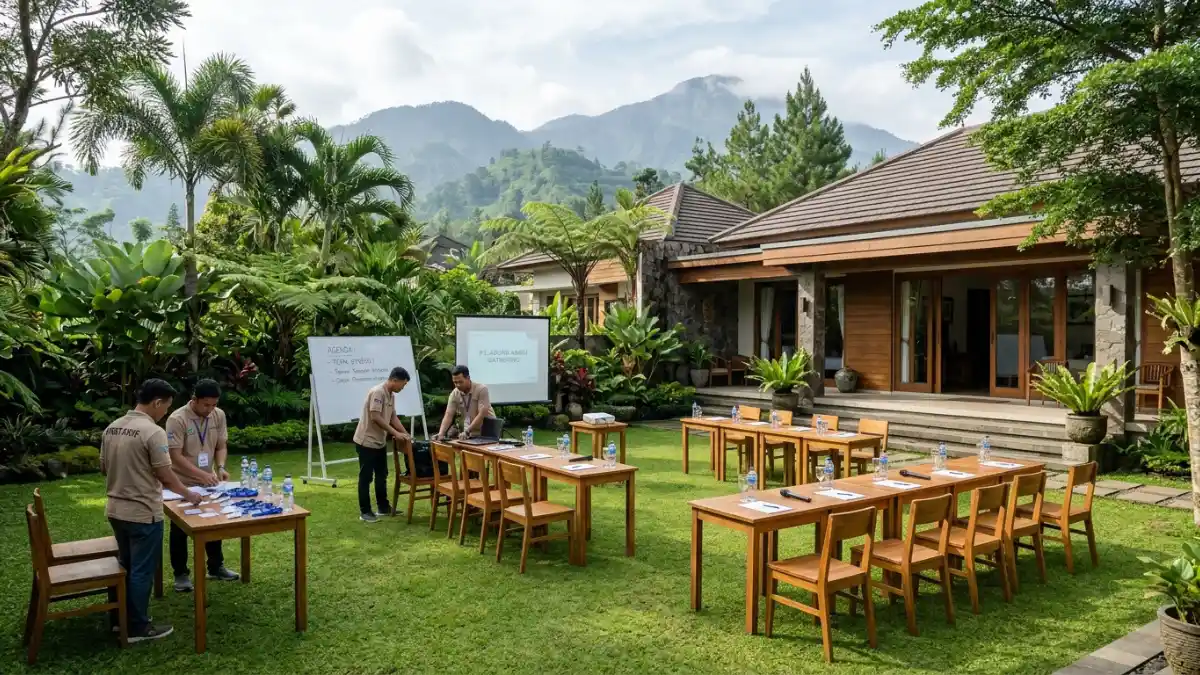 Contoh venue meeting outdoor berupa resort dan halaman luas di Batu yang cocok untuk gathering perusahaan