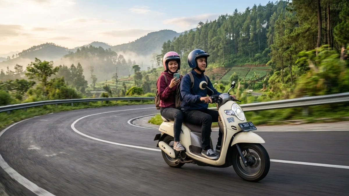 Wisatawan riding menggunakan sewa motor di jalanan Batu